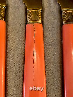 Antique Art Deco French12pc Melon Fork or Knife Set -Coral Celluloid/Handles