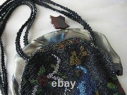 Antique Art Deco Marble Bakelite Frame Lined Peacock Bird Bead Fringe Purse