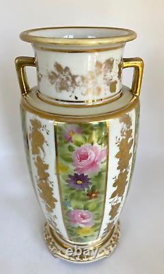 Antique Art Deco Nippon Morimura Hand Painted Floral & Gold Panels Handled Vase