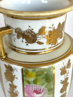 Antique Art Deco Nippon Morimura Hand Painted Floral & Gold Panels Handled Vase