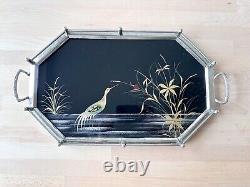 Antique Art Deco Peacock Serving Cocktail Tray Glass & Metal Reverse Painted Blk