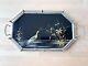 Antique Art Deco Peacock Serving Cocktail Tray Glass & Metal Reverse Painted Blk