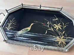 Antique Art Deco Peacock Serving Cocktail Tray Glass & Metal Reverse Painted Blk