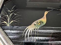 Antique Art Deco Peacock Serving Cocktail Tray Glass & Metal Reverse Painted Blk