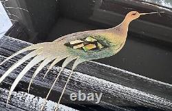 Antique Art Deco Peacock Serving Cocktail Tray Glass & Metal Reverse Painted Blk