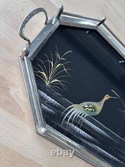 Antique Art Deco Peacock Serving Cocktail Tray Glass & Metal Reverse Painted Blk