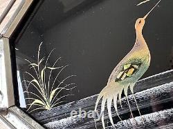 Antique Art Deco Peacock Serving Cocktail Tray Glass & Metal Reverse Painted Blk