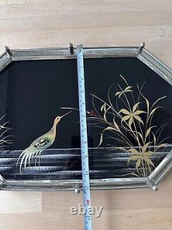 Antique Art Deco Peacock Serving Cocktail Tray Glass & Metal Reverse Painted Blk