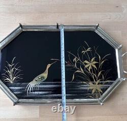 Antique Art Deco Peacock Serving Cocktail Tray Glass & Metal Reverse Painted Blk