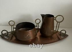 Antique Art Deco WMF Copper Coffe Set Tray Creamer Sugar Bowl Brass Handles RARE