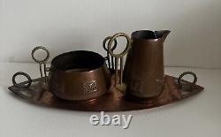 Antique Art Deco WMF Copper Coffe Set Tray Creamer Sugar Bowl Brass Handles RARE