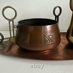 Antique Art Deco WMF Copper Coffe Set Tray Creamer Sugar Bowl Brass Handles RARE