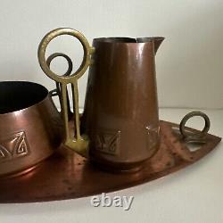 Antique Art Deco WMF Copper Coffe Set Tray Creamer Sugar Bowl Brass Handles RARE