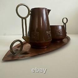 Antique Art Deco WMF Copper Coffe Set Tray Creamer Sugar Bowl Brass Handles RARE