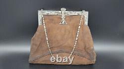 Antique Austrian Art Deco Sterling Silver Frame Marcasite Jeweled Suede Handbag