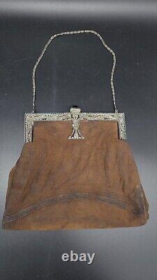 Antique Austrian Art Deco Sterling Silver Frame Marcasite Jeweled Suede Handbag