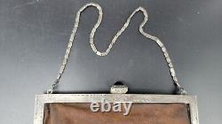 Antique Austrian Art Deco Sterling Silver Frame Marcasite Jeweled Suede Handbag