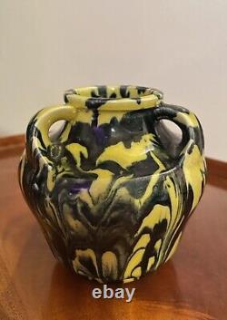 Antique Awaji Pottery Triple-Handle Marbled Glaze Ceramic Vase Japan Art Deco