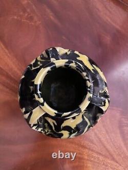 Antique Awaji Pottery Triple-Handle Marbled Glaze Ceramic Vase Japan Art Deco