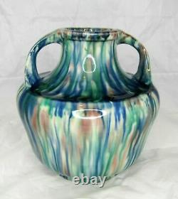 Antique Awaji Pottery Two Handle Japanese Art Deco Vase Flambe Drip Glaze