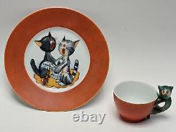 Antique Beyer & Bock c. 1920 Art Deco Cat Handle Cup & Dessert Plate