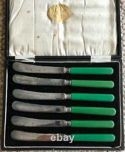 Antique Boxed Set of Six Green Bakelite Handled Butter Knives, Silverplate Blade