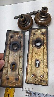 Antique Bronze Corbin Door knobs Handles Back Plate Lock Art Nouveau Deco