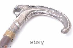Antique Cane Walking Stick Serpent Cobra Art Deco Silver Handle Dog Leash Ring