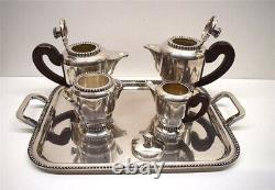 Antique Coffee & Tea Service Art Deco Silver Metal 20th Tableware Wooden Handles