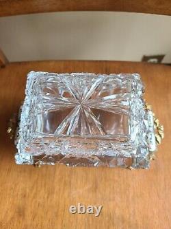 Antique Cut Crystal Glass Ormolu Mount Box Jewelry Casket Porcelain Cab Handle