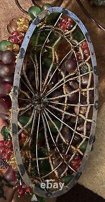 Antique Czech Art Deco Glass Beaded Fruit Basket Table Lamp Goat Head Handles