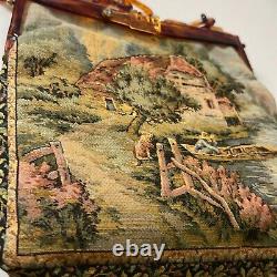Antique Embroidery Art Deco Tapestry Needlework Satchel Purse With Handle