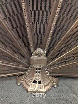 Antique Fireplace Folding Fan Screen Brass Peacock Cameo Art Deco Victorian