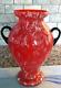 Antique Franz Welz Cased Glass Red Variegated Art Glass Handled Vase