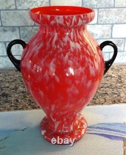 Antique Franz Welz Cased Glass Red Variegated Art Glass Handled Vase