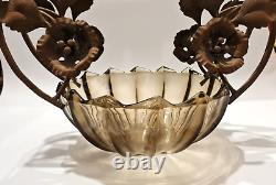 Antique French Art Deco 1920-30 S' Cut Glass Bowl Iron Handle Plants Flowers