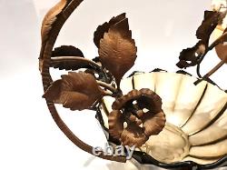 Antique French Art Deco 1920-30 S' Cut Glass Bowl Iron Handle Plants Flowers