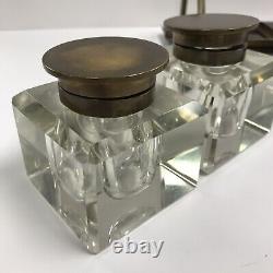 Antique French Art Deco Double Inkwell Lead Crystal Brass Lids/Handles