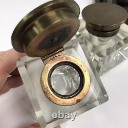 Antique French Art Deco Double Inkwell Lead Crystal Brass Lids/Handles