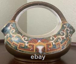 Antique HAND PAINTED NIPPON Porcelain Basket Bowl Handle Dish Art Deco Morimura