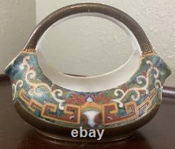 Antique HAND PAINTED NIPPON Porcelain Basket Bowl Handle Dish Art Deco Morimura