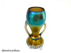 Antique Imperial Art Glass Free Hand Iridescent Loop Handle Chalice or Vase