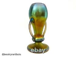 Antique Imperial Art Glass Free Hand Iridescent Loop Handle Chalice or Vase