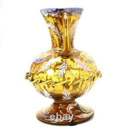 Antique Moser Art Deco Amber Glass 10 Vase with Enameled Flowers Applied Handles