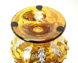 Antique Moser Art Deco Amber Glass 10 Vase with Enameled Flowers Applied Handles