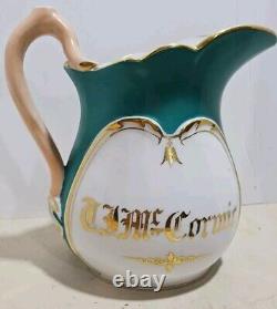 Antique OLD PARIS PORCELAIN Pitcher Teal & Gold Deco mcm Majolica Handle ART