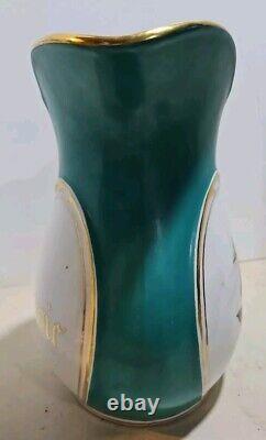 Antique OLD PARIS PORCELAIN Pitcher Teal & Gold Deco mcm Majolica Handle ART