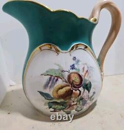 Antique OLD PARIS PORCELAIN Pitcher Teal & Gold Deco mcm Majolica Handle ART