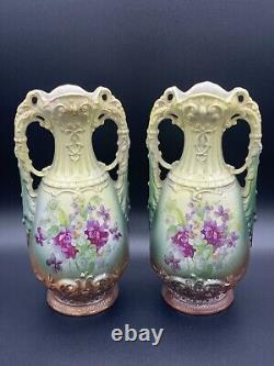 Antique PAIR Hand Painted Floral Ceramic Vase Handled Urn Jug Marked HBL & Crown