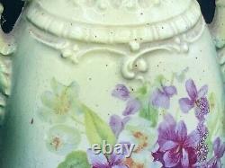 Antique PAIR Hand Painted Floral Ceramic Vase Handled Urn Jug Marked HBL & Crown